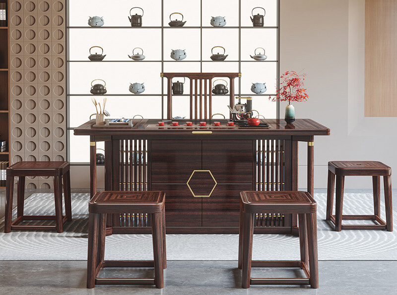 新中式烏金木茶桌椅組合禪意現(xiàn)代簡(jiǎn)約家用實(shí)木茶臺(tái)燒水壺一體套裝